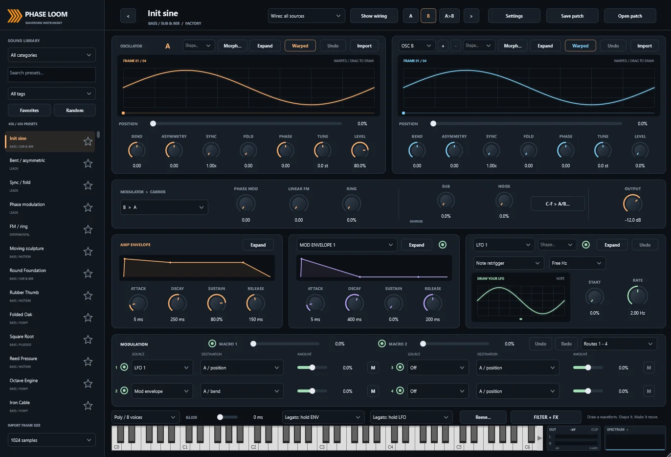 Phase Loom synthesizer interface showing waveform editors, sound-shaping controls and modulation